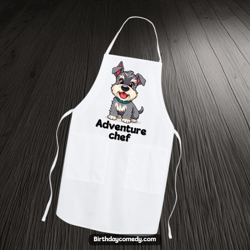 Funny schnauzer apron featuring a dog with an excited wiggle, ready for culinary adventures, a humorous kitchen accessory.