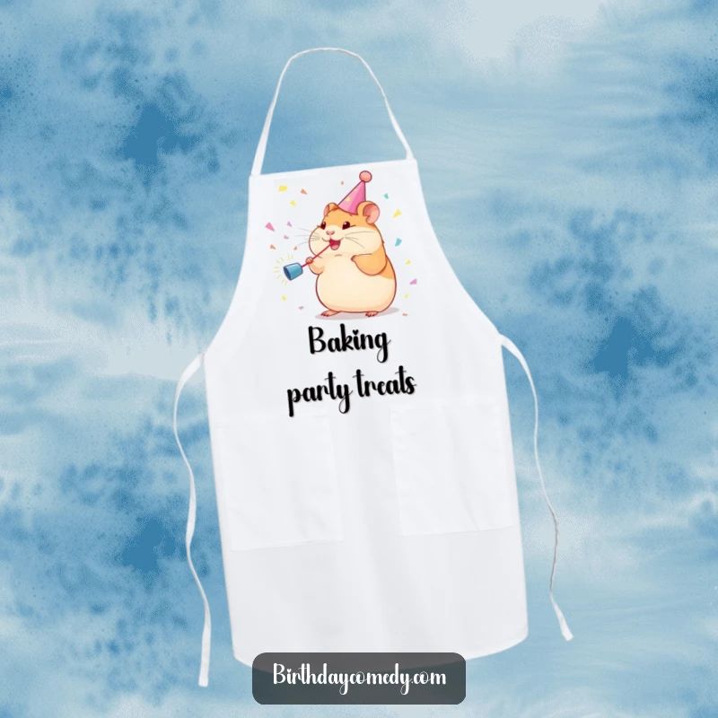 Funny Apron: Plump hamster wearing a streamer chases confetti, ideal for a fun cooking experience.