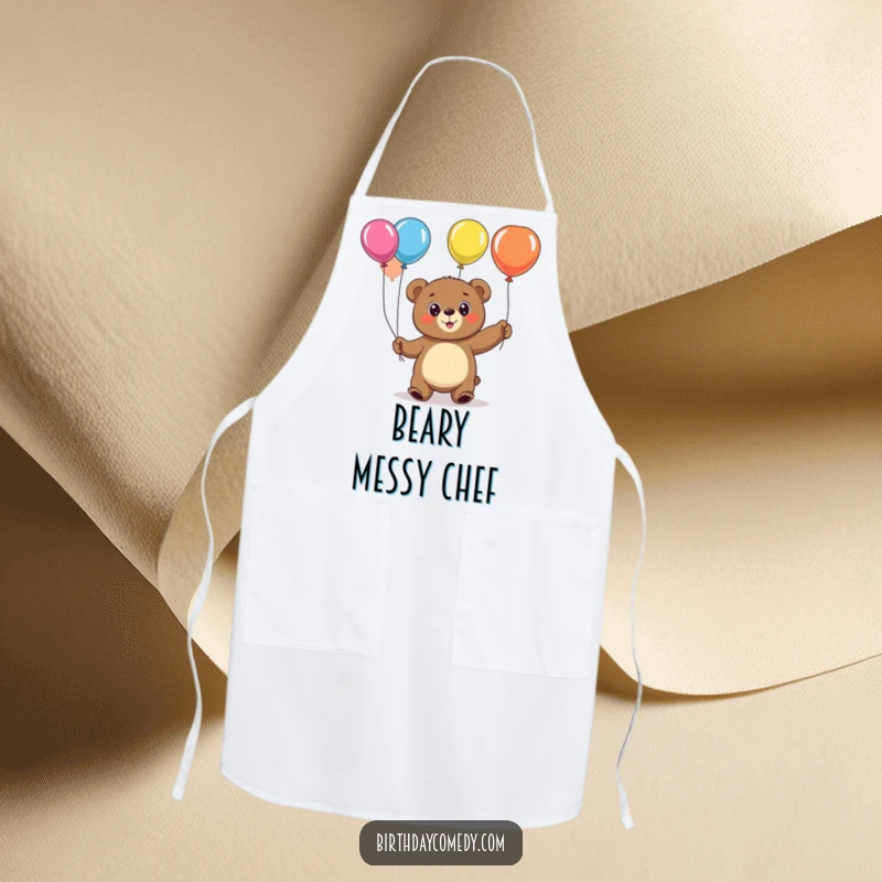 Funny bear apron, a cheerful, big-eyed character juggling balloons, ready to assist in any culinary adventure.