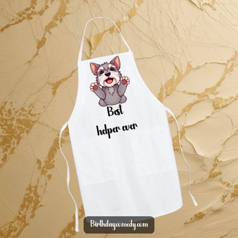 Funny schnauzer apron showing a dog with paws raised, ready for kitchen fun, a humorous cooking accessory.