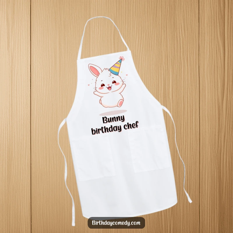 Funny apron showing a fluffy bunny wearing a party hat, ready to cook and celebrate.