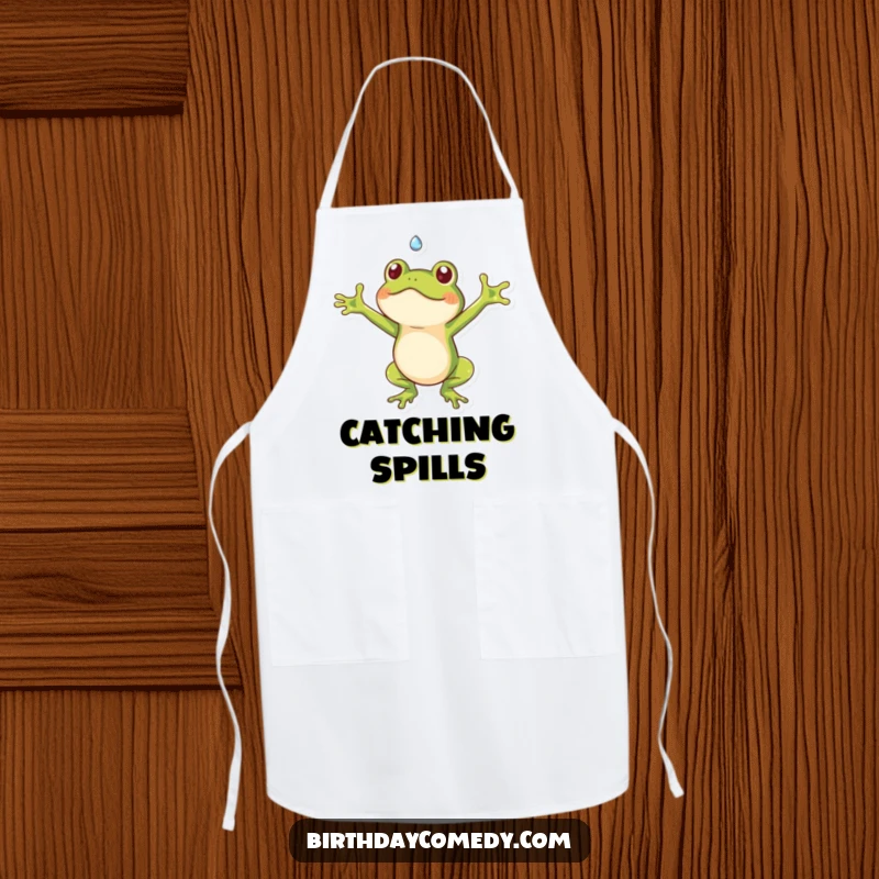 Funny frog apron showing a playful frog with outstretched arms catching a falling dewdrop, perfect for kitchen humor.