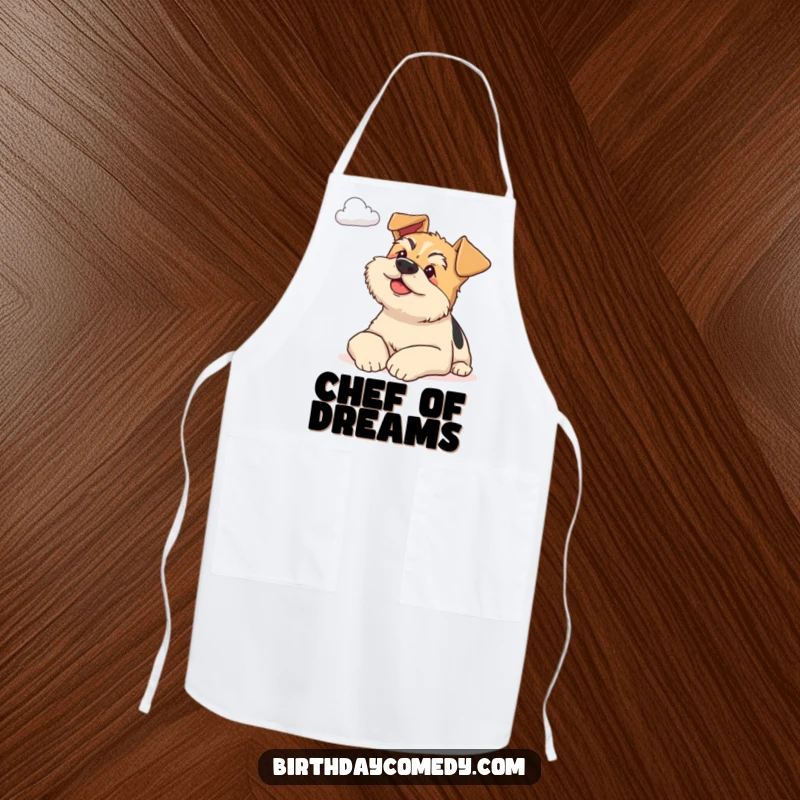 Funny terrier apron showing a content dog resting its head, gazing at a cloud, perfect for a calm kitchen experience.