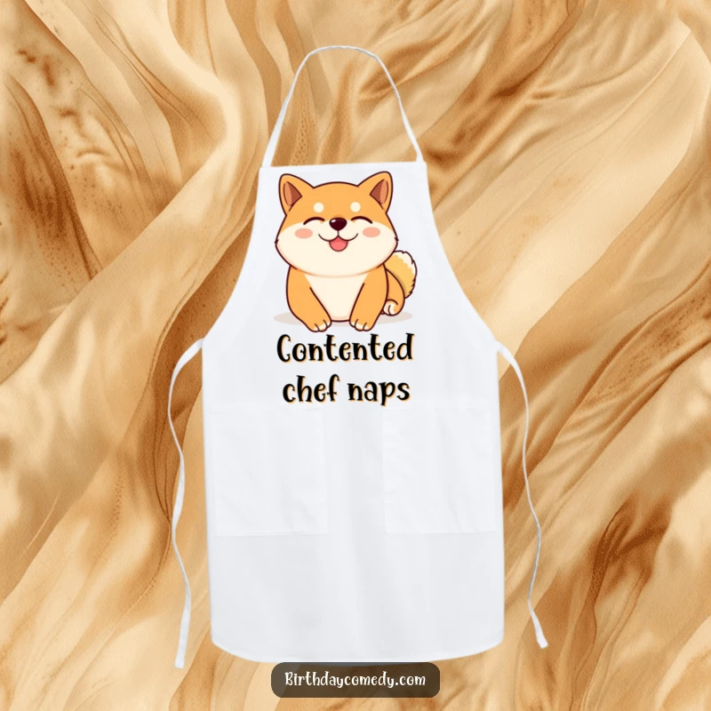 Funny Shiba Inu apron showing a content Shiba Inu with eyes shut, enjoying a virtual belly rub, perfect for kitchen relaxation.