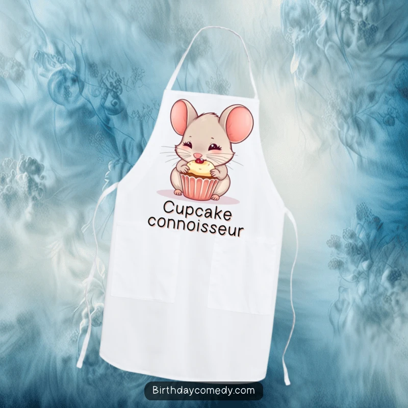 Funny apron with a curious mouse joyfully nibbling on a small cupcake, ideal for kitchen fun.