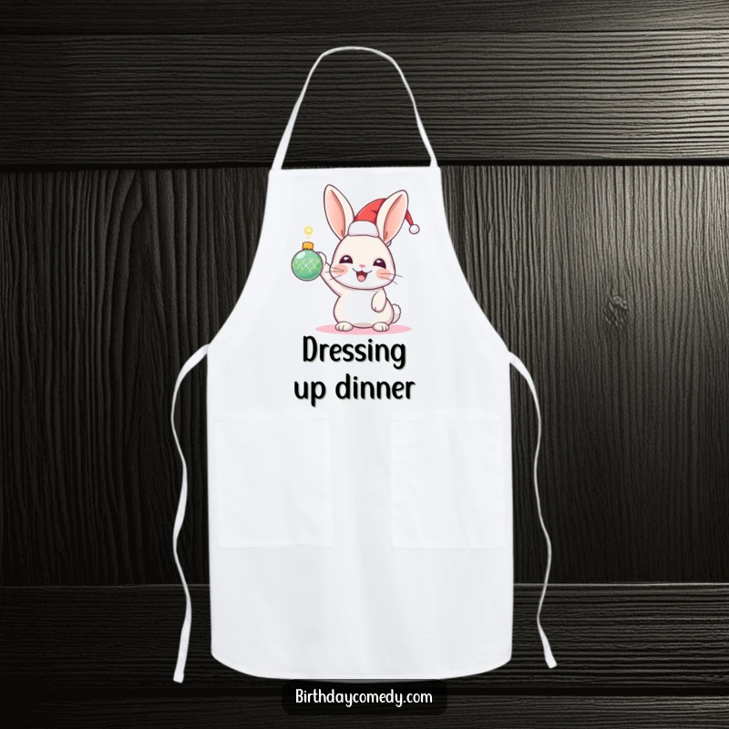 Funny Rabbit Holiday Apron: A joyful rabbit in a festive hat holds a sparkling ornament, ready for festive holiday cooking.