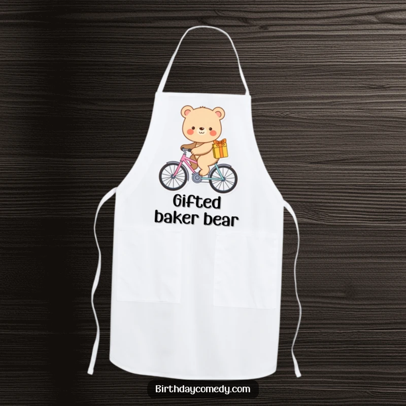 Funny apron showing a smiling bear riding a tiny bicycle with a gift, ready to cook.