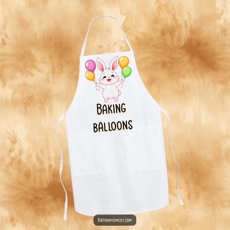 Funny apron showing a fluffy bunny with a wide smile, juggling colorful balloons, perfect for kitchen fun.