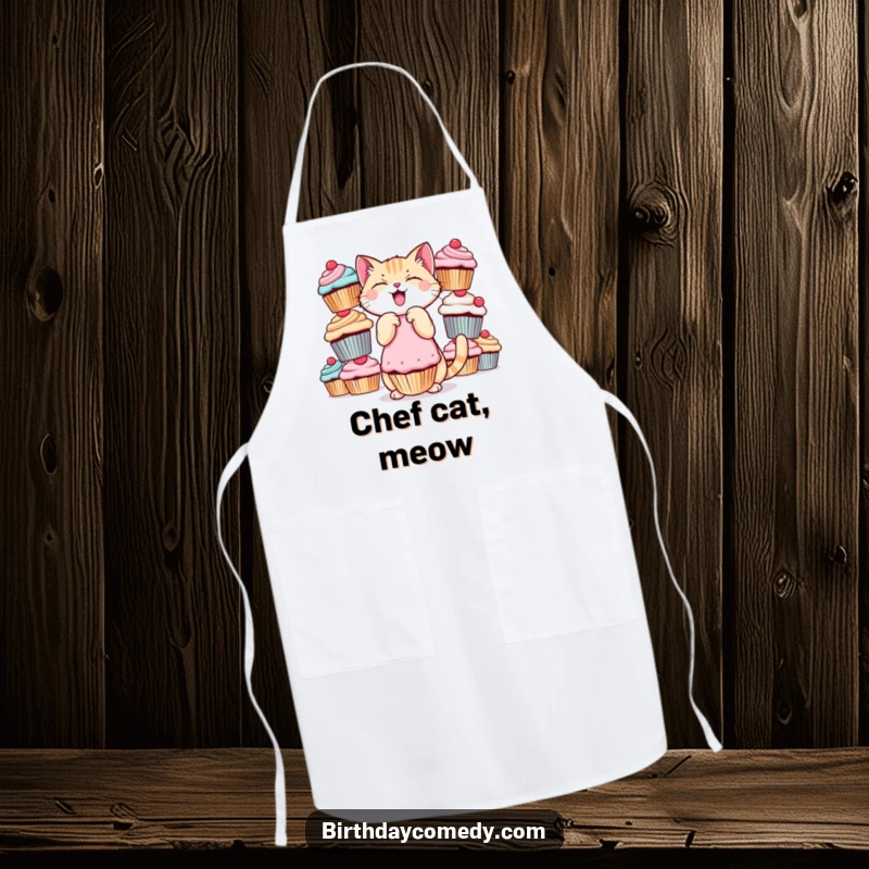 Funny cat apron, giggling, balancing cupcakes, kitchen essential, ideal funny gift.