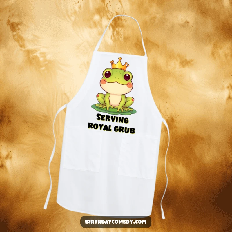 Funny Apron featuring a happy frog wearing a crown and balancing a lily pad hat, ready to cook up a storm.