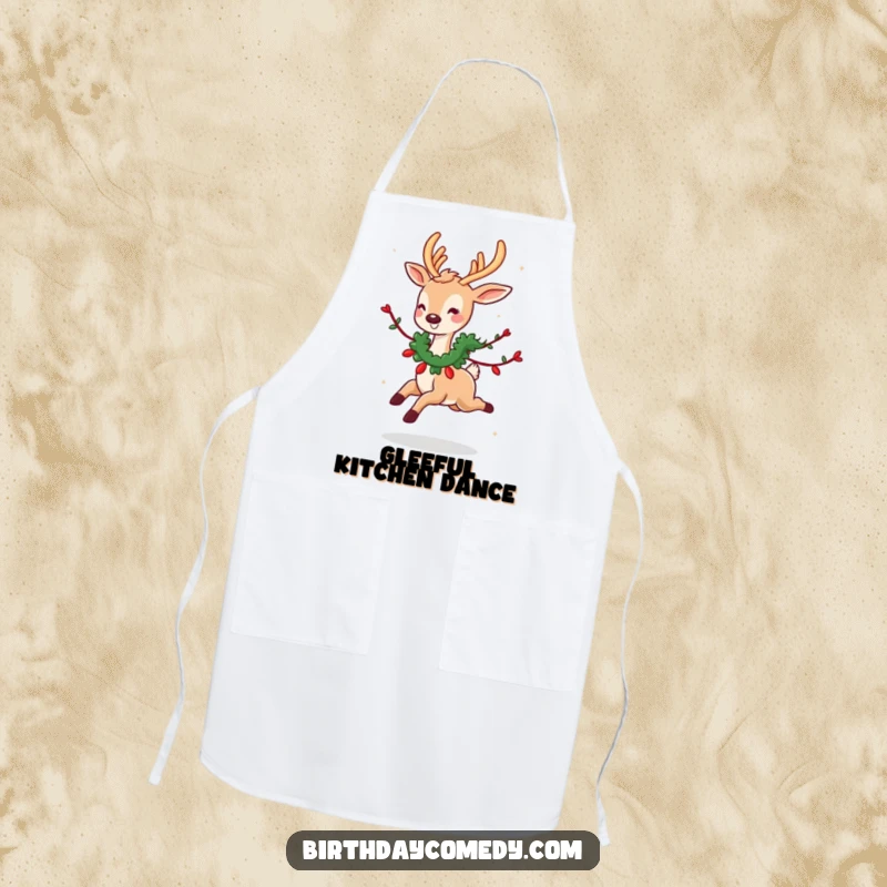 Funny apron print: A cute deer wearing a garland skips joyfully, a festive and fun kitchen accessory.