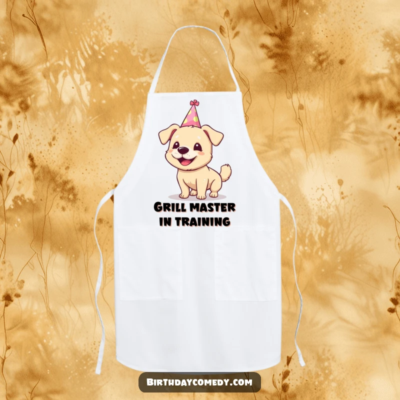 Funny dog apron, silly party hat, wagging tail, kitchen essential, ideal funny gift.
