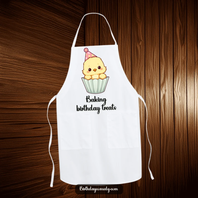 Funny fluffy chick wearing a party hat peeks out of a cupcake wrapper, a cute apron for kitchen celebrations.