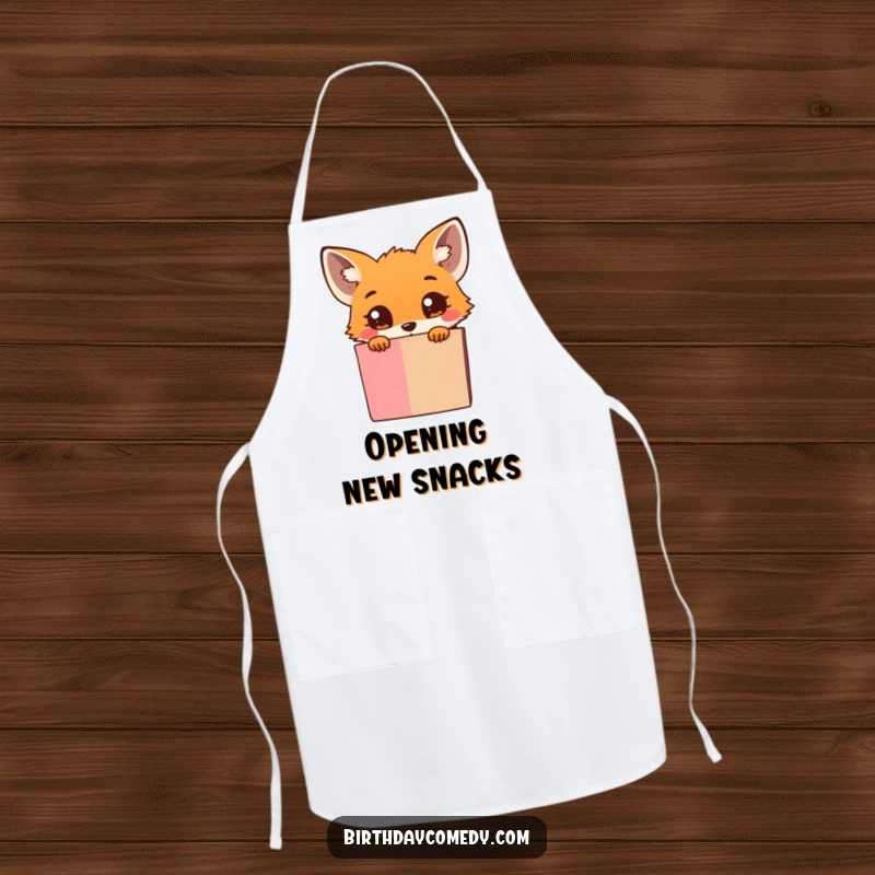 Funny Apron: Tiny curious fox peeking from behind an overflowing gift box, adding a playful touch to cooking.