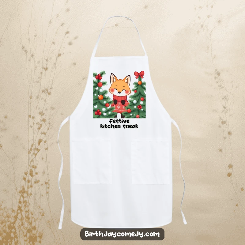Funny fox apron, wearing a festive jumper, peeking from behind a decorated tree, ready for holiday cooking.