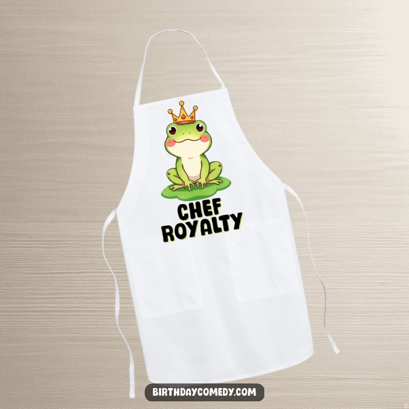Funny apron featuring a happy frog wearing a tiny crown and balancing a lily pad as a hat, ideal for whimsical cooking.