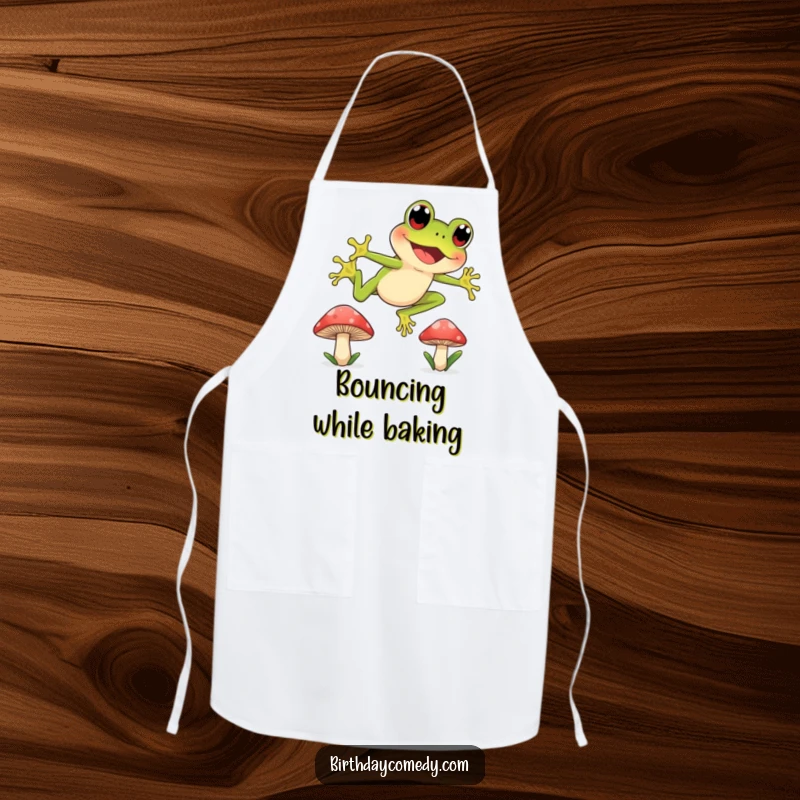 Funny apron featuring a joyful frog with wide, curious eyes leaping from one mushroom cap to another, ideal for energetic cooking.