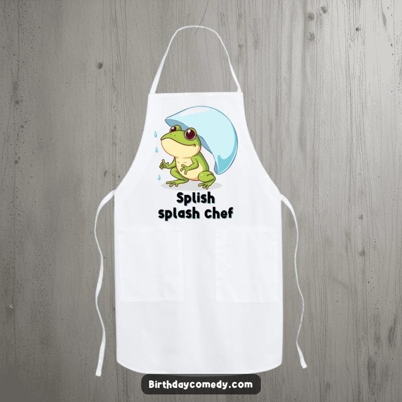 Funny frog apron showing a determined frog comically pushing a giant raindrop uphill, perfect for kitchen humor.