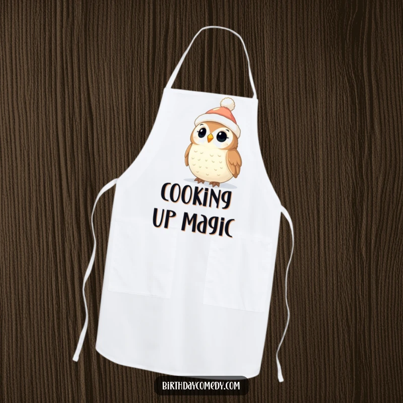 Funny Owl Christmas Apron: A cute owl in a stocking cap stirs a pot amidst twinkling lights, ready for festive holiday cooking.