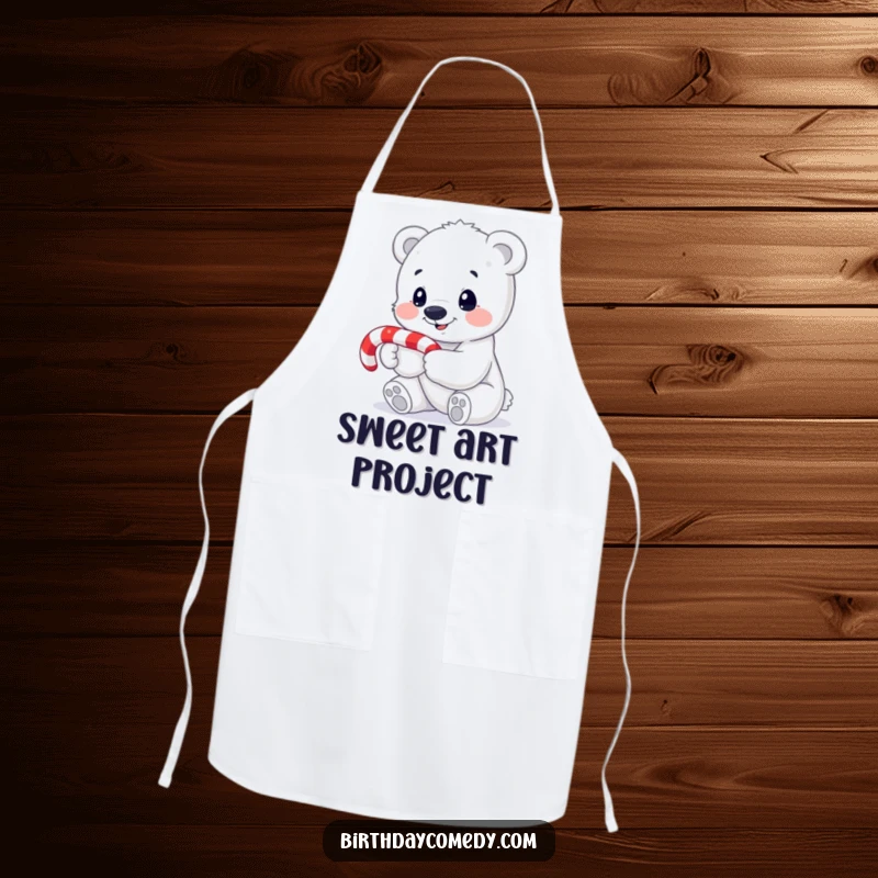 Funny polar bear cub apron, holding a candy cane while looking intrigued, ready for holiday baking adventures in the kitchen.