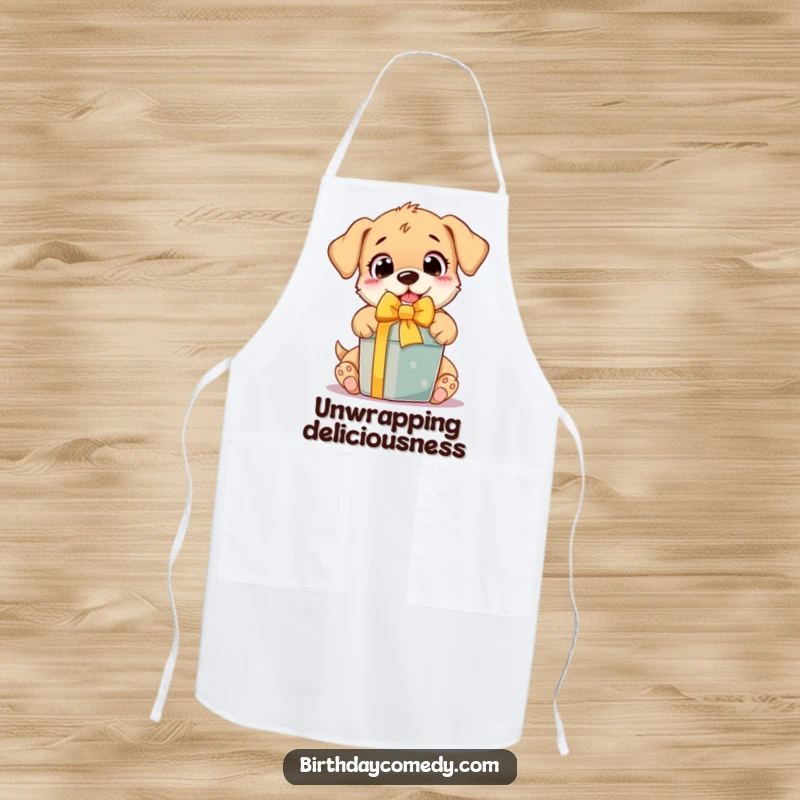 Funny Apron featuring an excited puppy with wide eyes joyfully unwrapping a gift, ready for kitchen fun and spills.