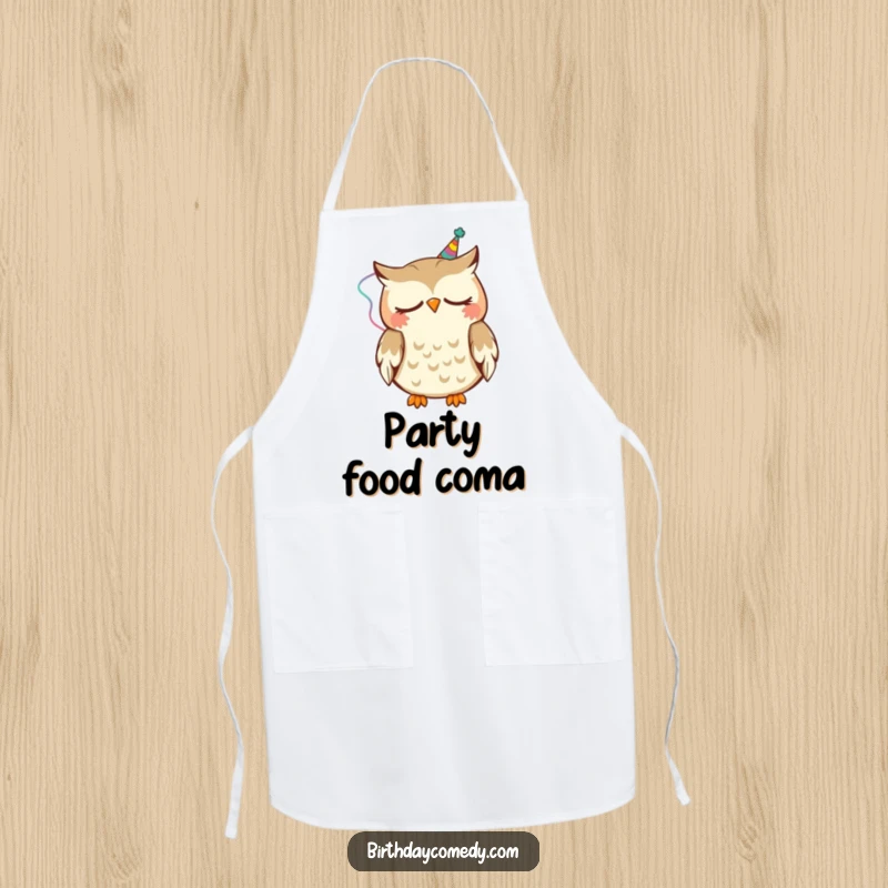 Funny Apron featuring a sleepy owl wearing a party streamer, happily nodding, ready for kitchen fun.