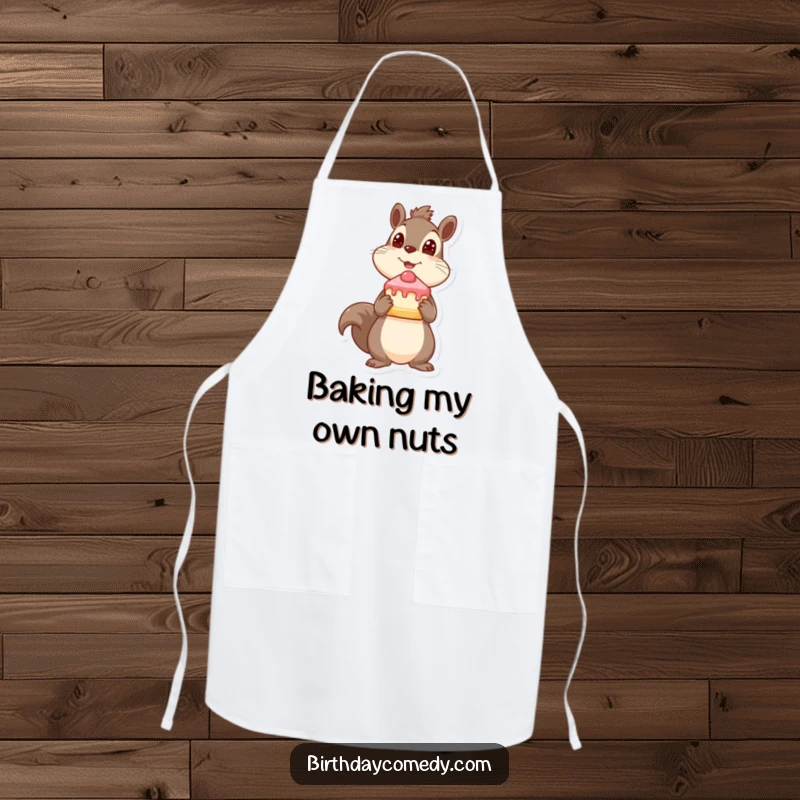 Funny squirrel apron, holding cake slice, looking up expectantly, kitchen essential, ideal funny gift.