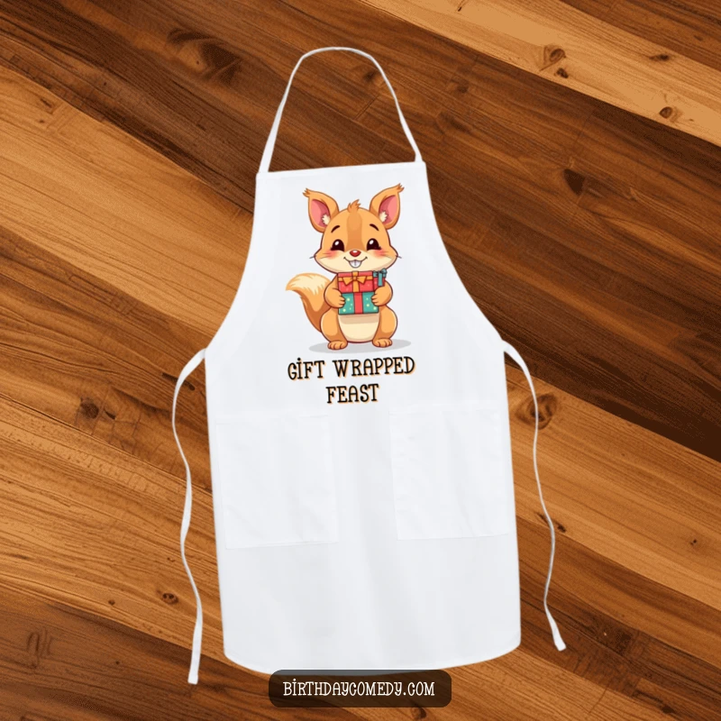 Funny apron with a playful squirrel grinning, holding a stack of presents, ready for kitchen adventures.