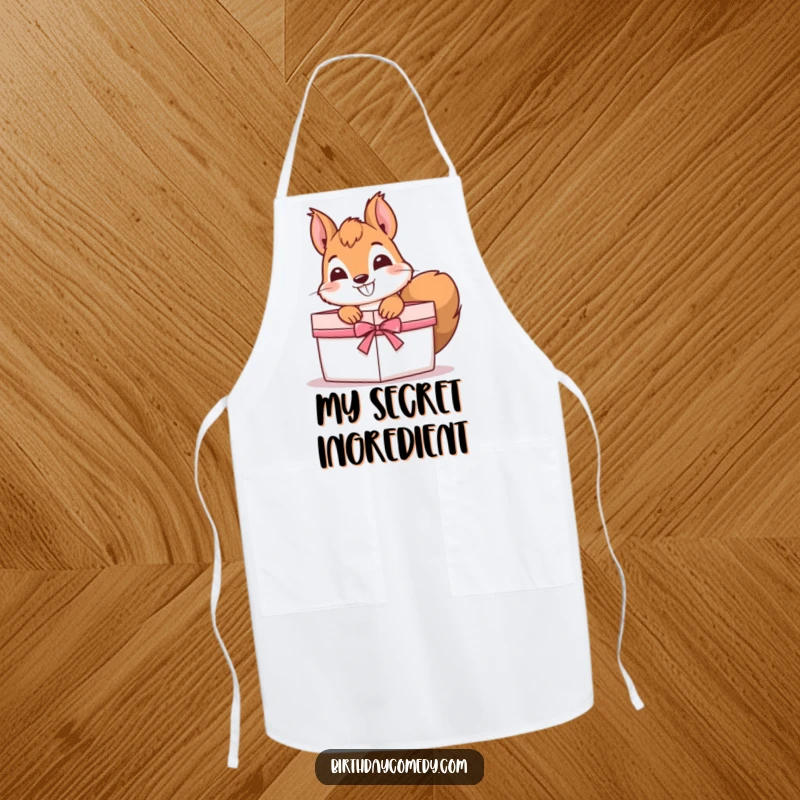 Funny Apron featuring a curious squirrel with a grin, peeking out of a gift box, ready for kitchen fun.