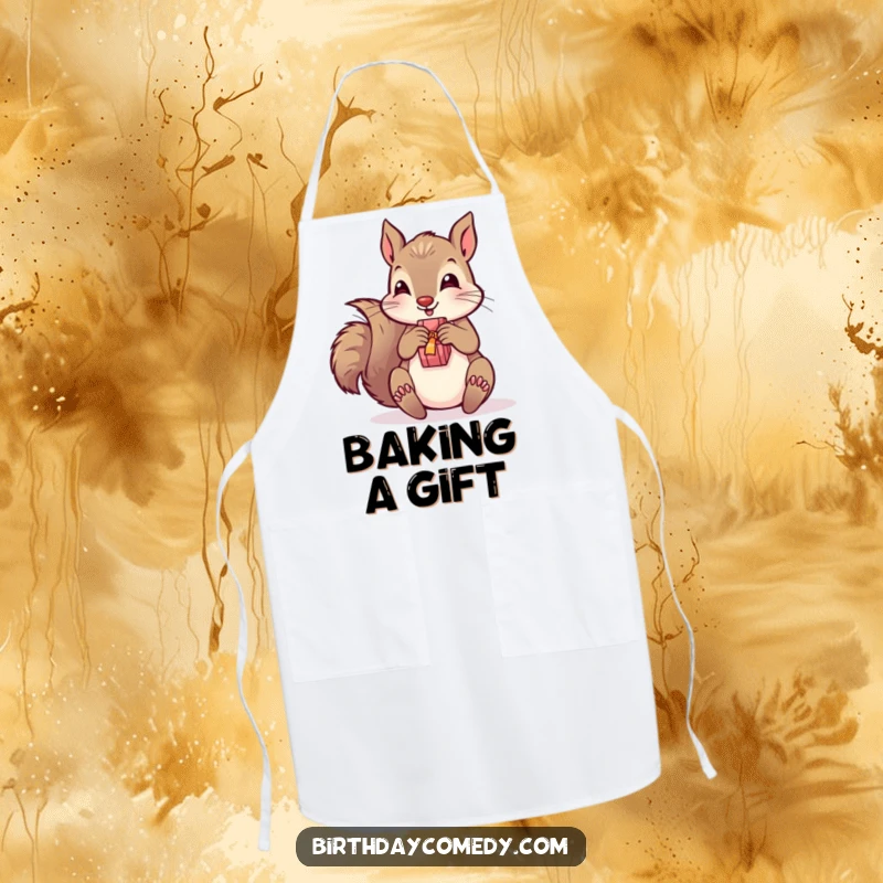 Funny apron featuring a playful squirrel unwrapping a present, ideal for humorous and festive kitchen activities.