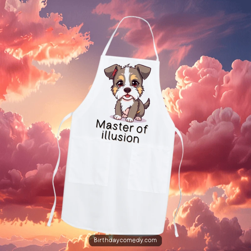 Funny terrier apron depicting a silly dog with a mischievous expression, hilariously attempting to catch its own shadow while cooking.