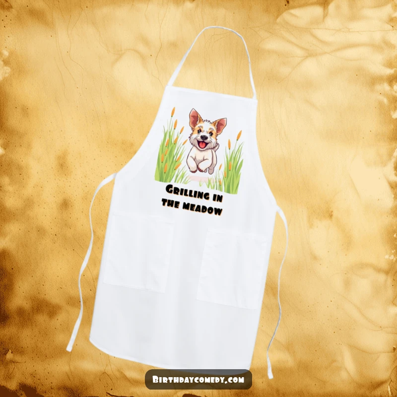 Funny terrier apron depicting a happy dog running through tall grass, ears flapping, bringing joy to the kitchen.