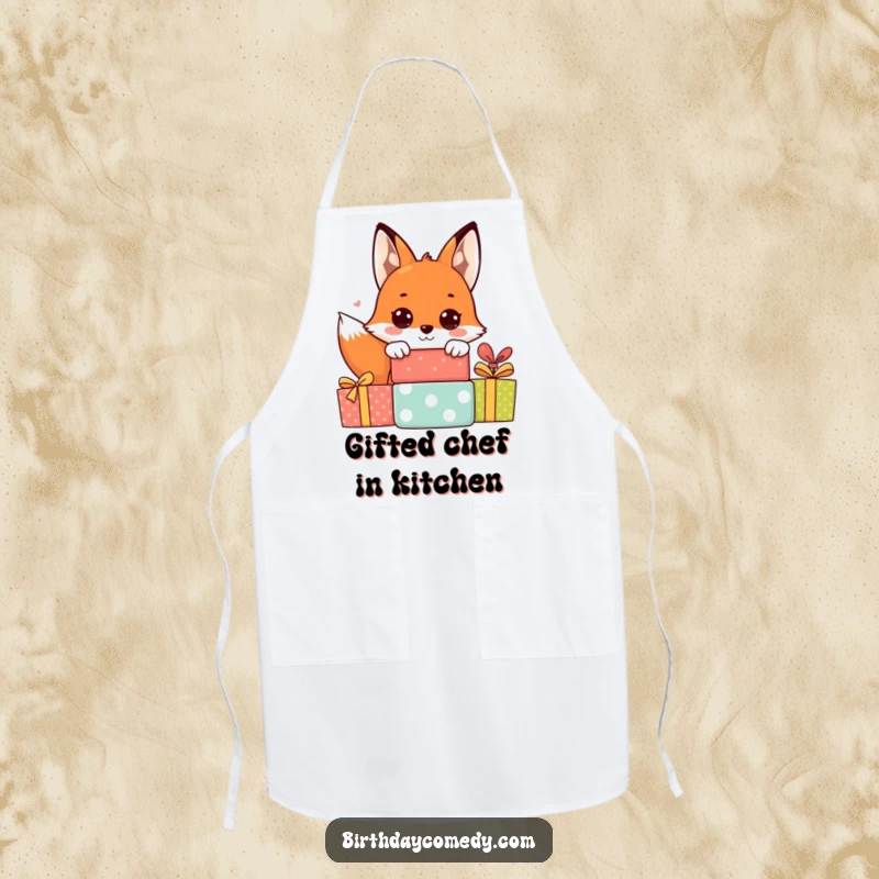 Funny fox apron depicting a cheerful fox with large eyes peeking from behind gift boxes, ideal for kitchen fun.