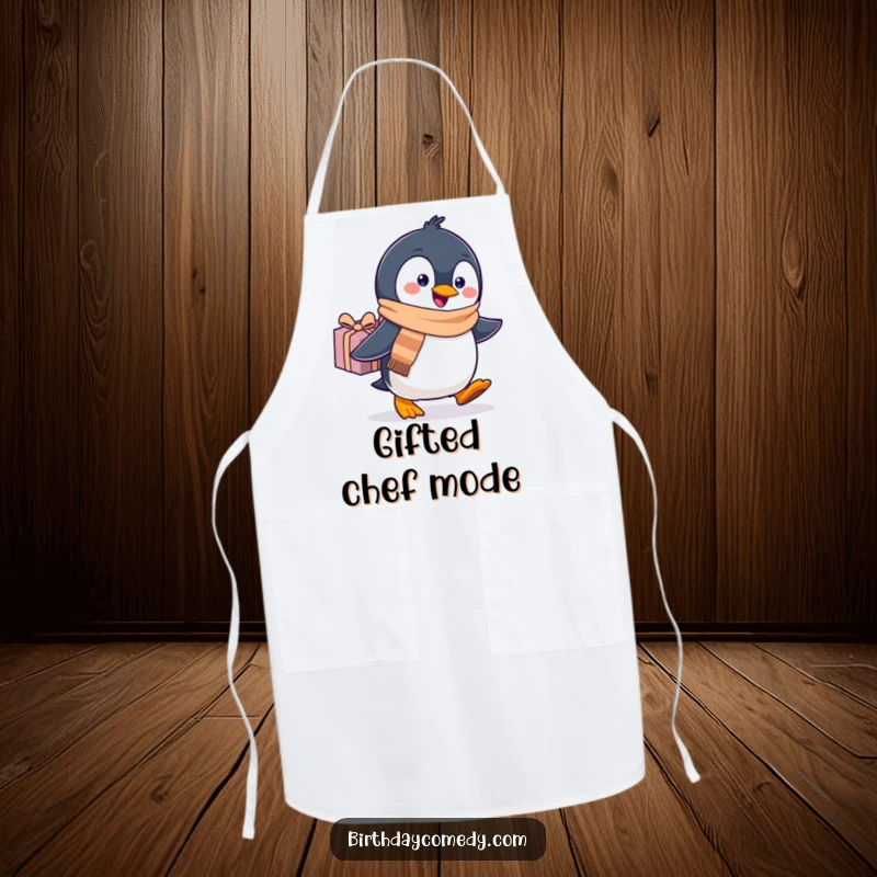 Funny penguin apron, wearing a scarf, waddling with a gift, adding cheer to holiday baking and cooking.