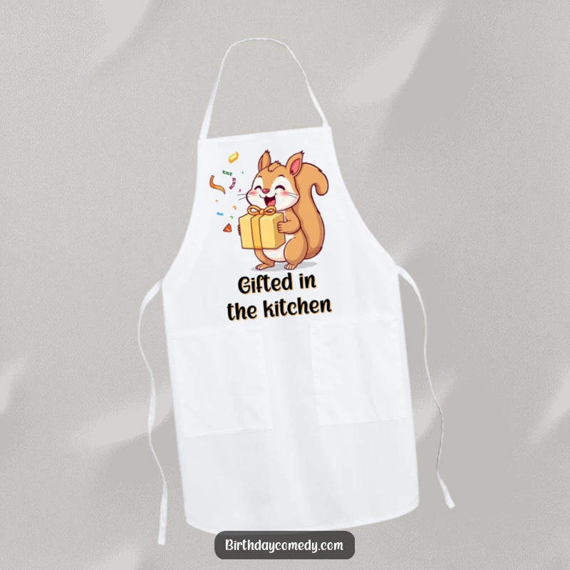 Funny squirrel apron depicting an excited squirrel holding a gift box with streamers flying, ideal for kitchen fun.
