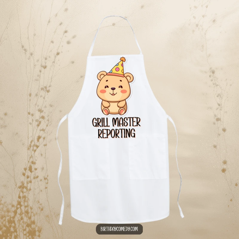 Funny bear apron showing a smiling bear wearing an oversized party hat, a humorous and practical kitchen accessory.