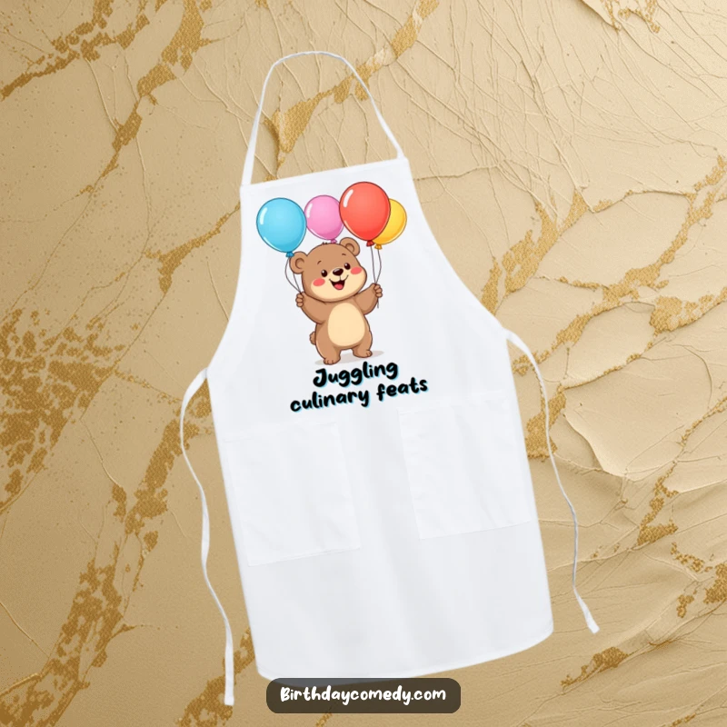 Funny bear cub apron, a happy cub juggling balloons while cooking, a whimsical and practical kitchen accessory for chefs.