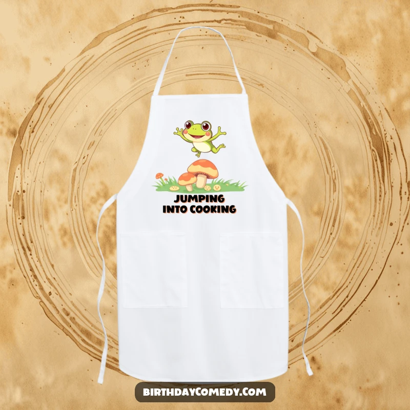 Funny Apron featuring a curious frog leaping between mushrooms, perfect for kitchen adventures.