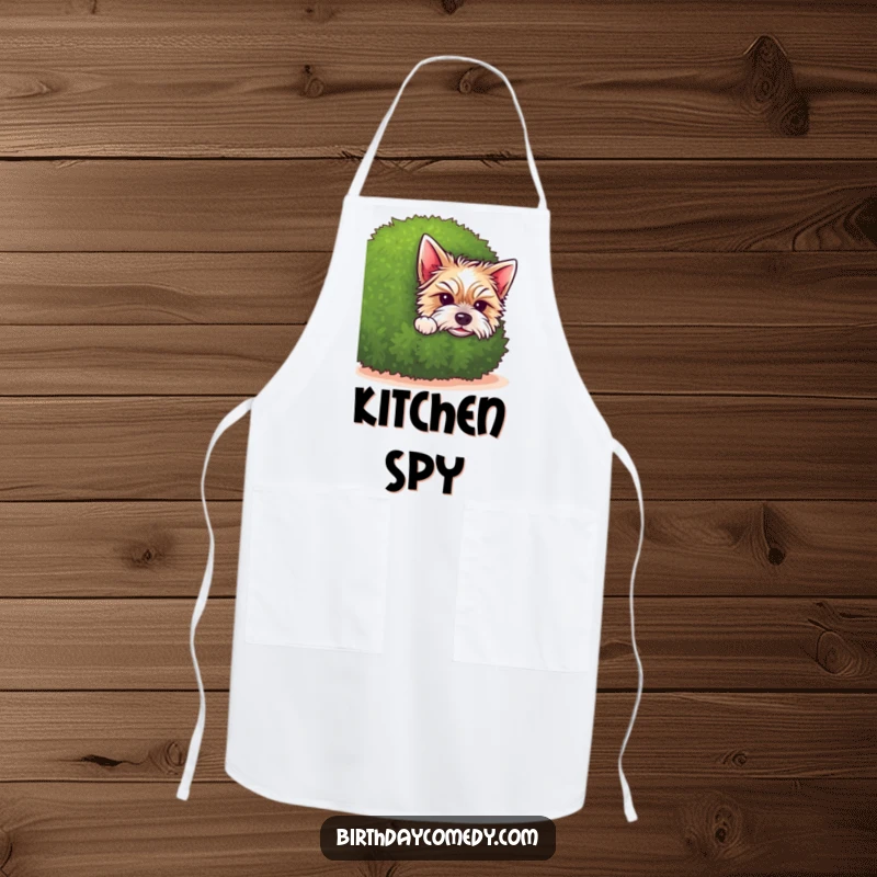 Funny terrier apron depicting a cute puppy peeking from behind a shrub, bringing irresistible charm to kitchen tasks.
