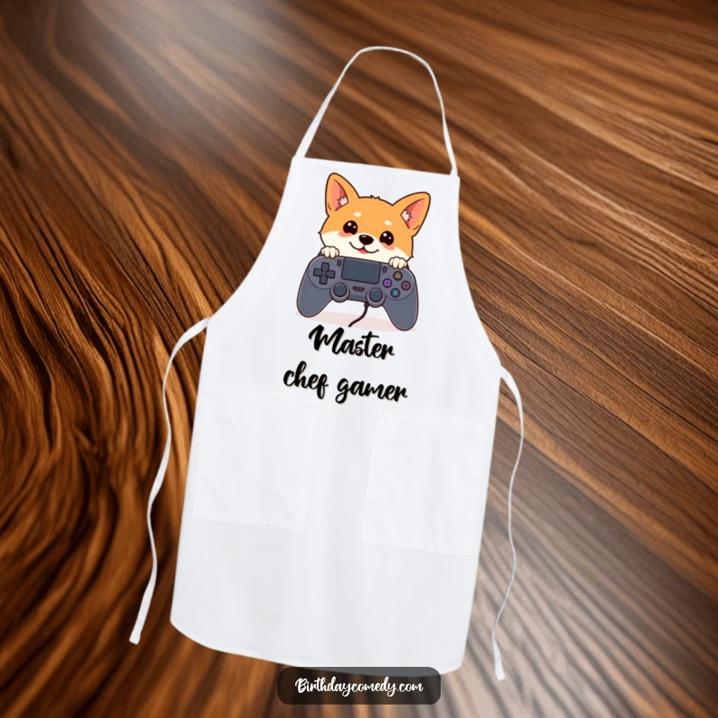 Funny Shiba Inu apron showing a curious Shiba Inu peeking from behind a giant game controller, perfect for the gamer cook.