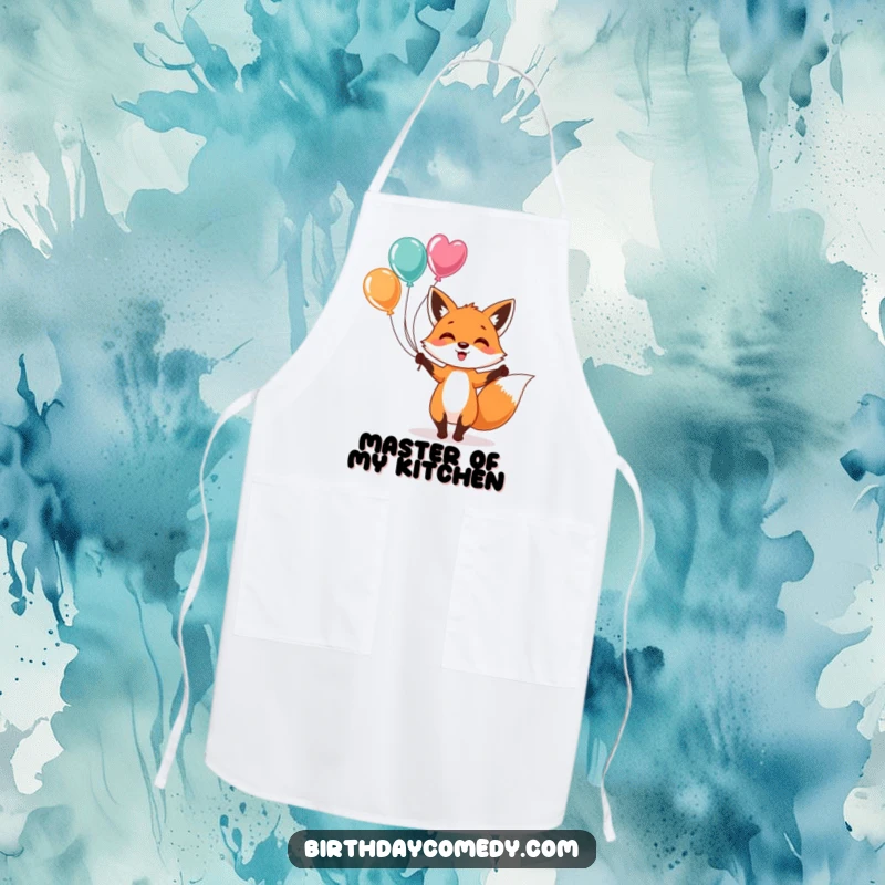 Funny Apron: A cheerful fox actively juggling vibrant balloons, designed for kitchen fun and protection, showcasing a love for cooking and humor.