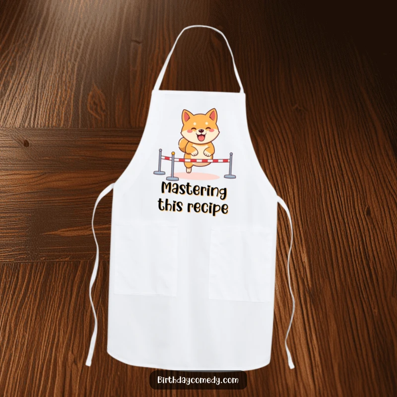 Funny Shiba Inu gamer apron, determined virtual obstacle course, gaming chef accessory, focused player wear, joyful cooking tool.