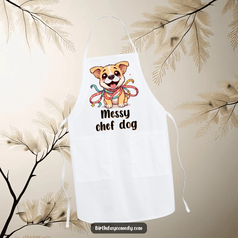 Funny Dog Ribbon Apron: A silly dog is joyfully entangled in festive ribbons, bringing humor to the kitchen.