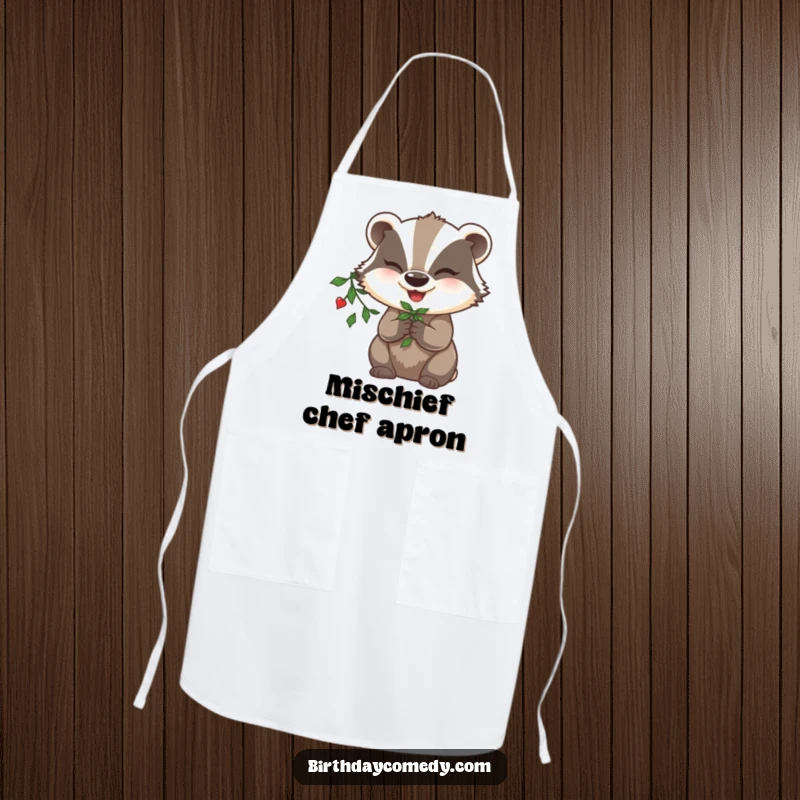 Funny badger apron, holding mistletoe, winking mischievously, ready for holiday baking and festive cooking.