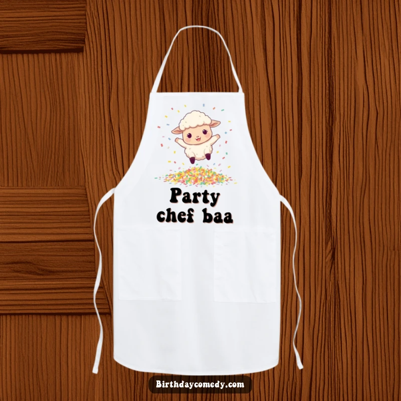 Funny apron with a happy sheep bouncing and leaping over a colorful pile of confetti.