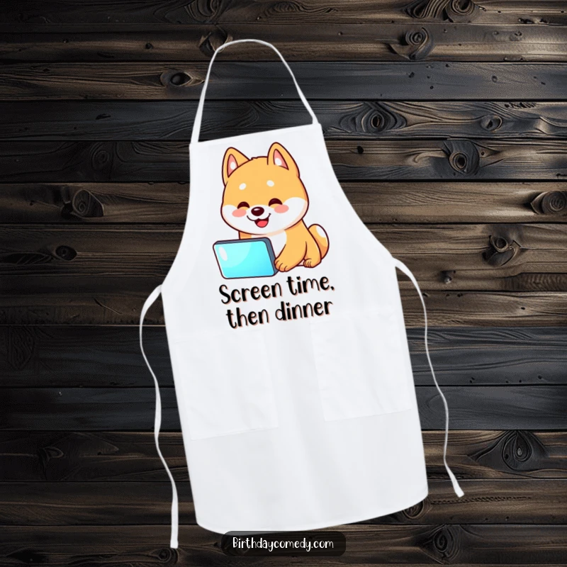 Funny Shiba Inu apron featuring a Shiba Inu in a classic head tilt pose, engrossed by a screen, ideal for kitchen humor.
