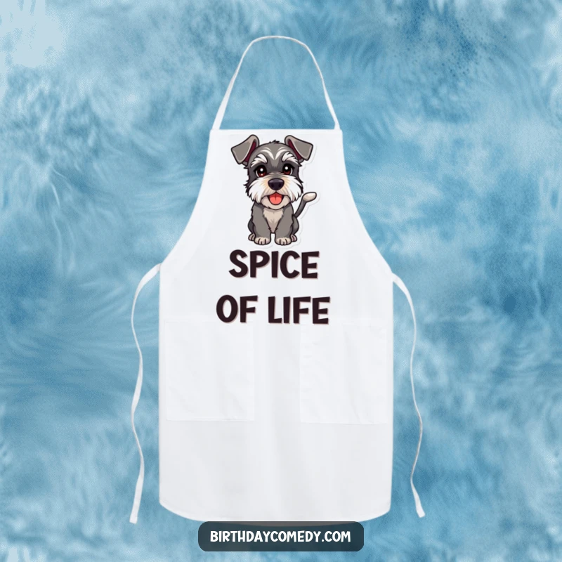 Funny schnauzer apron featuring a dog with a wagging tail and playful intent, a humorous and practical kitchen accessory.