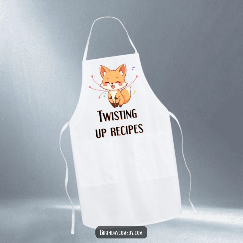 Funny fox apron, a happy fox with streamers on its tail, joyfully twirling, a whimsical and practical kitchen accessory.
