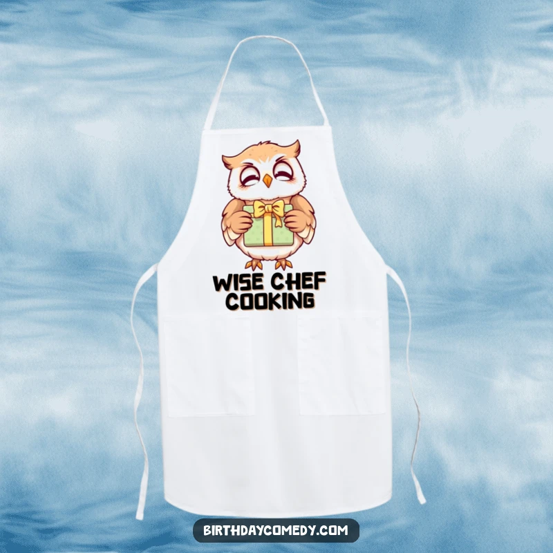 Funny owl apron, a giggling character holding a gift, ready for culinary adventures with wise cheer.