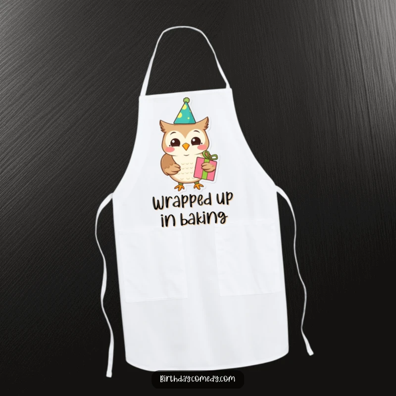 Funny owl apron, birthday theme, holding a gift, kitchen accessory, ideal funny gift.